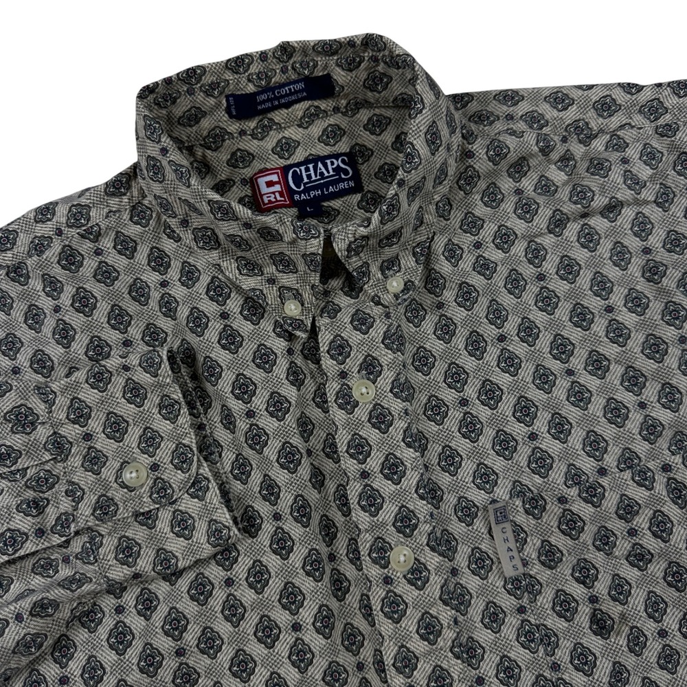 Chaps Ralph Lauren Mens Large Cotton Geometric Medallion Button Down Shirt Tan